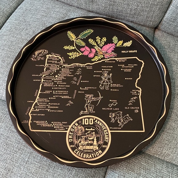 Oregon State Map Vintage Metal Serving Trays | Black and Gold w/ Rhododendron - Picture 8 of 9